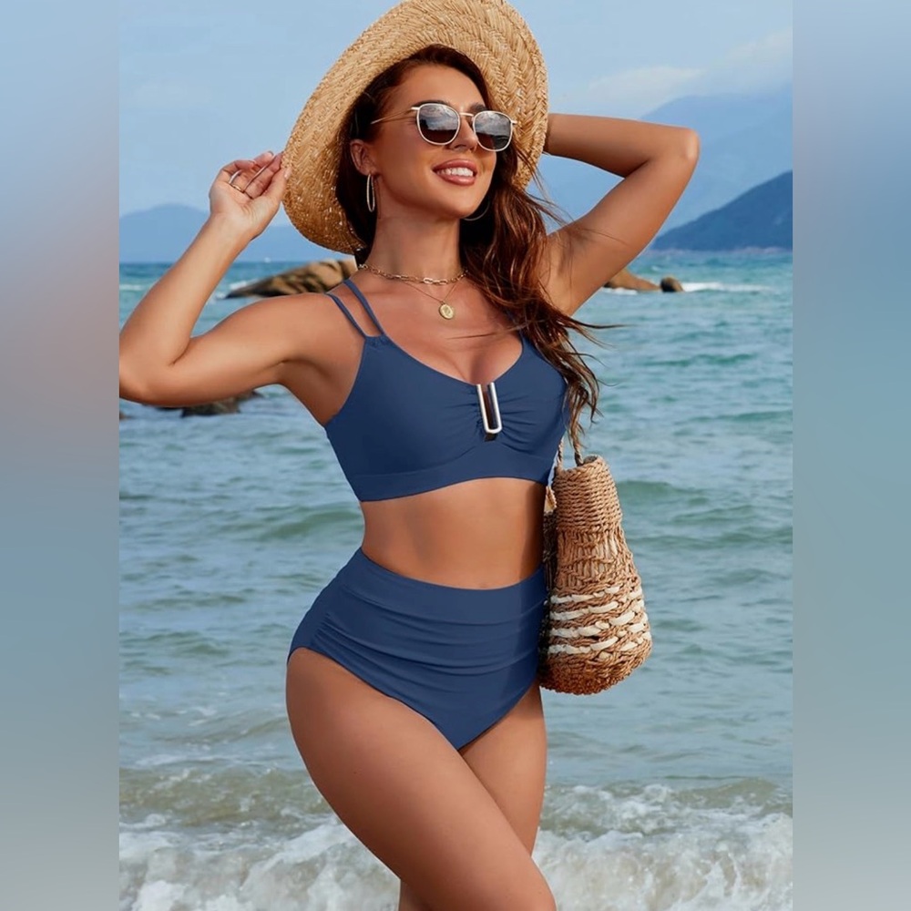 (NWT) Womens High Waist Blue Bikini Set /  Tummy Control Swimsuit /  Bathing Sui